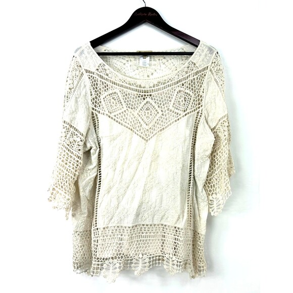 Democracy Womens Crochet and Embroidered Cream Blouse With Tank Size L 1165T1 - Picture 1 of 12